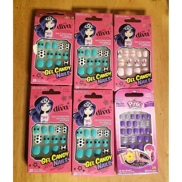 Bundle of 6 Broadway Press On Nails Little Diva  Gel Pinks Purple Glitter - Picture 1 of 4
